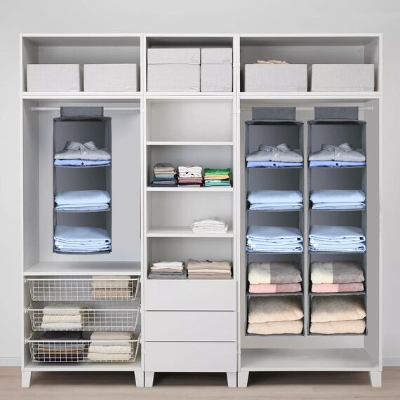 AiQInu Hängeregal Kleiderschrank,Hängeaufbewahrung Schrank Organizer mit 3 Fächern,Faltbar Platzsparend Stabiler Hängeorganizer mit Bambus-Stock Verstärkt Aufbewahrungssystem für Kleiderschränke