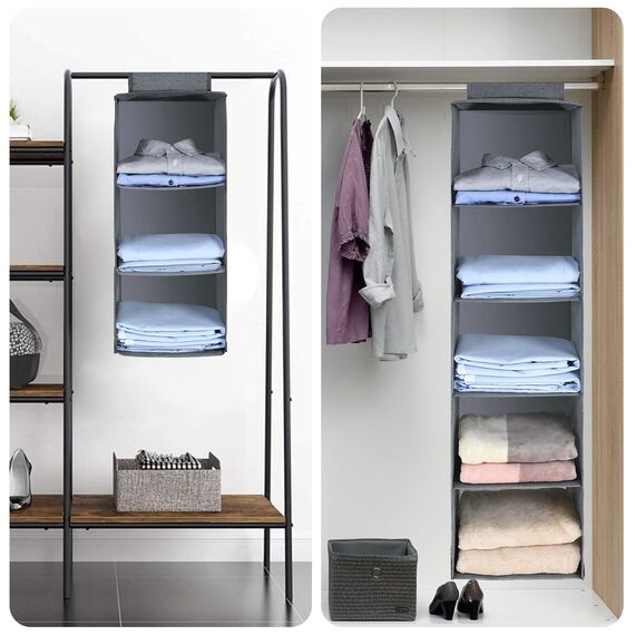 AiQInu Hängeregal Kleiderschrank,Hängeaufbewahrung Schrank Organizer mit 5 Fächern,Faltbar Platzsparend Stabiler Hängeorganizer mit Bambus-Stock Verstärkt Aufbewahrungssystem für Kleiderschränke