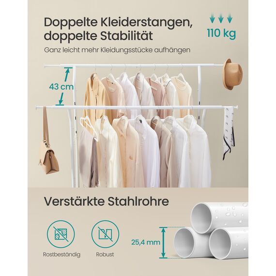 SONGMICS Kleiderständer auf Rollen, Garderobenständer aus Metall, Garderobenstange, Kleiderstange ausziehbar, höhenverstellbar, mattweiß HSR012W01