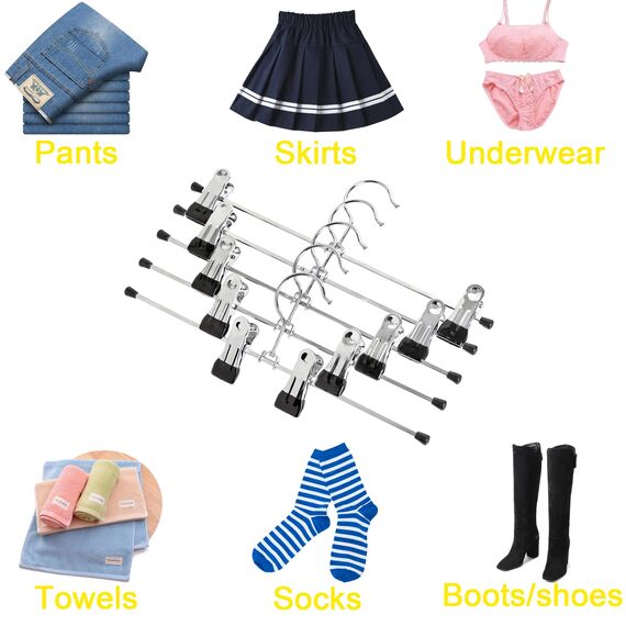 Amber Home 24 Stück 30cm Chrom Eisen Kleiderbügel, Silber Metall Hosenbügel Aufhänger für Hosen Shorts Rock Socken Unterwäsche, mit rutschfest Clips