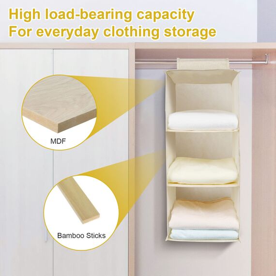 AiQInu Hängeregal Kleiderschrank,Hängeaufbewahrung Schrank Organizer mit 3 Fächern,Faltbar Platzsparend Stabiler Hängeorganizer mit Bambus-Stock Verstärkt Aufbewahrungssystem für Kleiderschränke