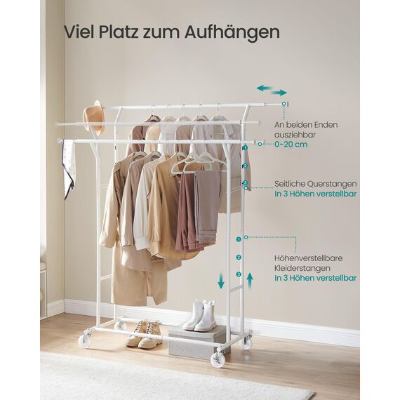 SONGMICS Kleiderständer auf Rollen, Garderobenständer aus Metall, Garderobenstange, Kleiderstange ausziehbar, höhenverstellbar, mattweiß HSR012W01