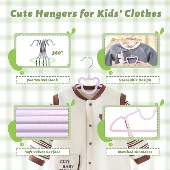 ManGotree 32,5 cm Kinder-Samtbügel, rutschfeste Filz-Babykleiderbügel, Niedliche Bärenbügel für das Kinderzimmer, Platzsparende Kleinkindbügel für den Kinderkleiderschrank (20 Stück, Lila)