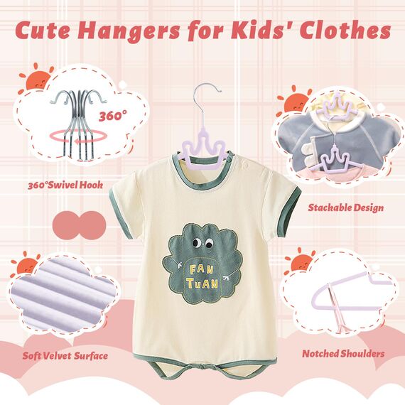 ManGotree Baby-Samtbügel, rutschfeste Filz-Kinderkleiderbügel, 32 cm Niedliche Kronenbügel für den Kleiderschrank, Platzsparende Kleinkindbügel für Babykleidung (20 Stück, Lila)