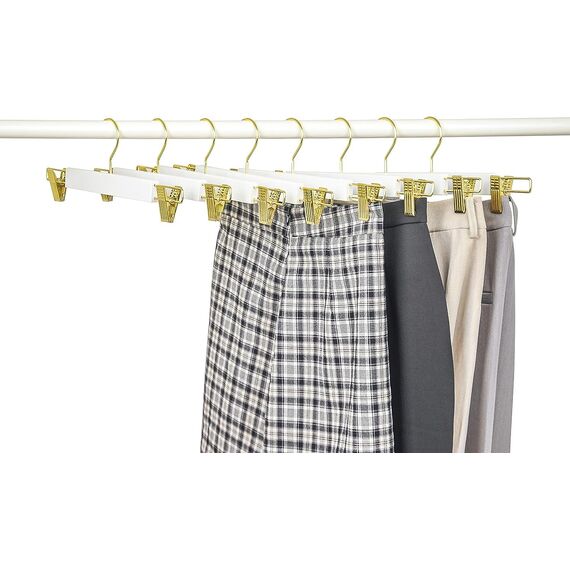 Amber Home 10 Stück 36cm Weiß Kleiderbügel aus Holz, Robust und Glänzend Hosenbügel Aufhänger für Hosen Shorts Rock Socken Unterwäsche, mit rutschfest Clips und Drehbar Haken (Gold 10)