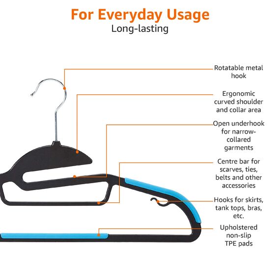 Amazon Basics Strapazierfähige Kunststoff-Kleiderbügel, mit rutschfestem Gummiüberzug und horizontalem Steg, Blau, 50er-Pack