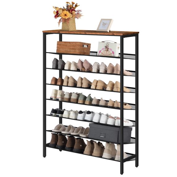 HOOBRO 8-stöckiges Schuhregal, Schuhschrank hoch, Große schmal Schuhablage, Flache und kippbare, 100 x 30 x 137 cm, Metall, für 32-40 Paar Schuhe, für Eingang, Flur, Dunkelbraun-Schwarz EBF118XJ01