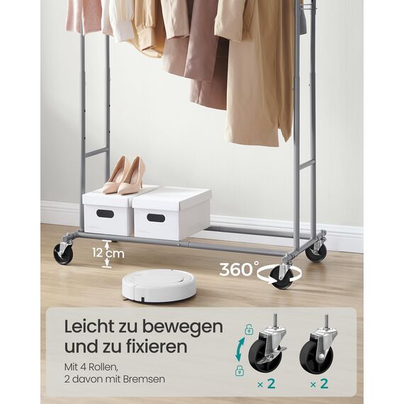 SONGMICS Kleiderständer auf Rollen, Garderobenständer aus Metall, Garderobenstange, Kleiderstange ausziehbar, höhenverstellbar, Taubengrau HSR012G01