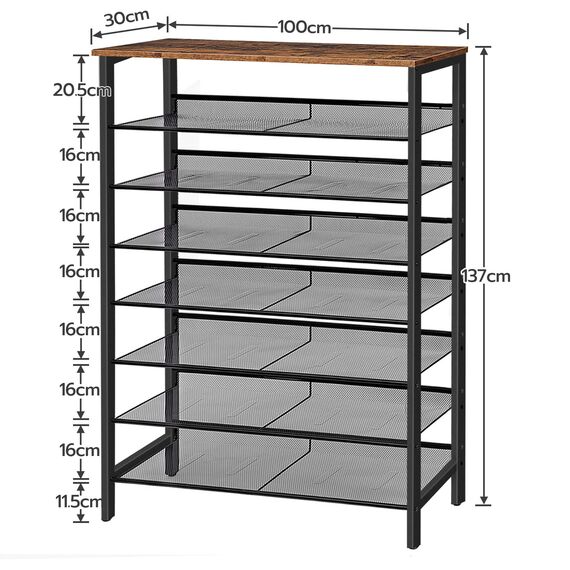 HOOBRO 8-stöckiges Schuhregal, Schuhschrank hoch, Große schmal Schuhablage, Flache und kippbare, 100 x 30 x 137 cm, Metall, für 32-40 Paar Schuhe, für Eingang, Flur, Dunkelbraun-Schwarz EBF118XJ01