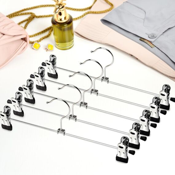 Amber Home 12 Stück 30cm Chrom Eisen Kleiderbügel, Silber Metall Hosenbügel Aufhänger für Hosen Shorts Rock Socken Unterwäsche, mit rutschfest Clips