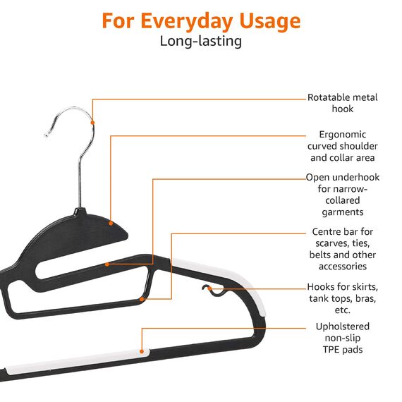 Amazon Basics Strapazierfähige Kunststoff-Kleiderbügel, mit rutschfestem Gummiüberzug und horizontalem Steg, Weiß, 50er-Pack