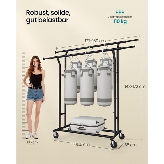 SONGMICS Kleiderständer auf Rollen, Garderobenständer aus Metall, Garderobenstange, Kleiderstange ausziehbar, höhenverstellbar, tintenschwarz HSR012B01