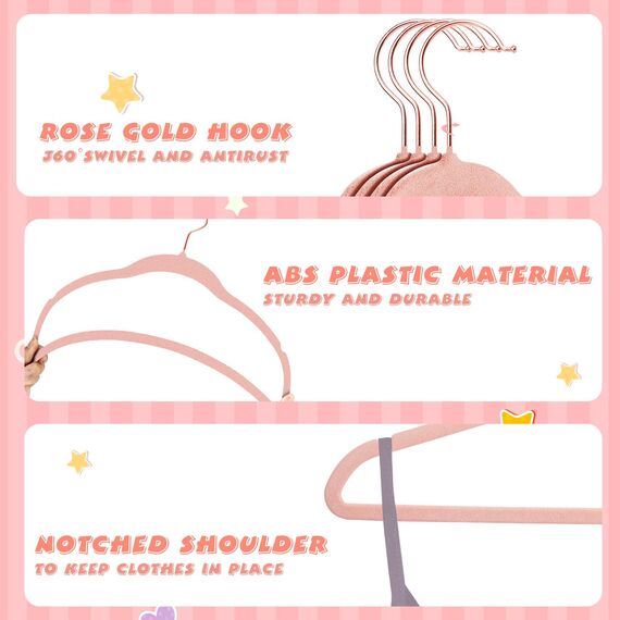 ManGotree Baby Samt Kleiderbügel mit Roségold-Haken, 28cm Kinder Größe, 360 Grad drehbar, Ultra dünn und kein Schlupf Design, 15 Pack (Hellrosa)