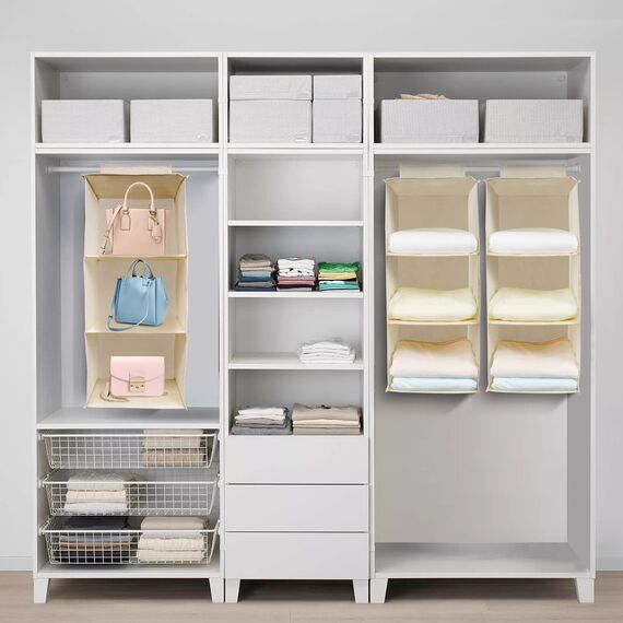 AiQInu Hängeregal Kleiderschrank,Hängeaufbewahrung Schrank Organizer mit 3 Fächern,Faltbar Platzsparend Stabiler Hängeorganizer mit Bambus-Stock Verstärkt Aufbewahrungssystem für Kleiderschränke