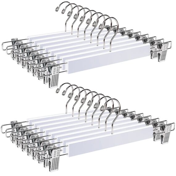 Amber Home 20 Stück 36cm Weiß Kleiderbügel aus Holz, Robust und Glänzend Hosenbügel Aufhänger für Hosen Shorts Rock Socken Unterwäsche, mit rutschfest Clips und Drehbar Haken