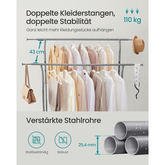 SONGMICS Kleiderständer auf Rollen, Garderobenständer aus Metall, Garderobenstange, Kleiderstange ausziehbar, höhenverstellbar, Taubengrau HSR012G01
