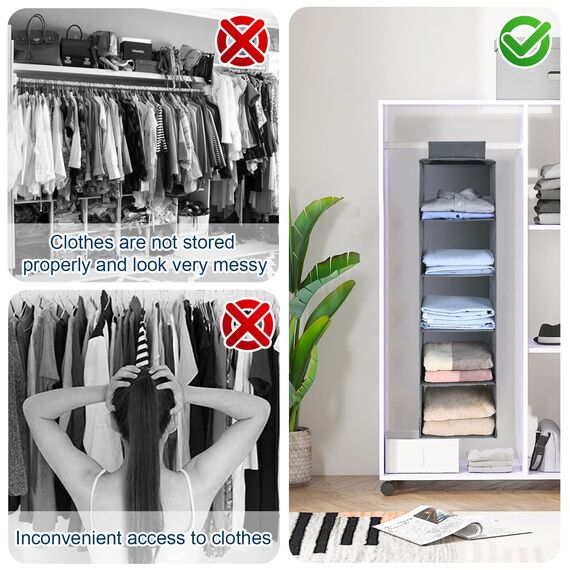 AiQInu Hängeregal Kleiderschrank,Hängeaufbewahrung Schrank Organizer mit 3 Fächern,Faltbar Platzsparend Stabiler Hängeorganizer mit Bambus-Stock Verstärkt Aufbewahrungssystem für Kleiderschränke