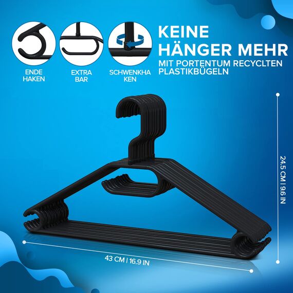 PORTENTUM Kleiderbügel aus 100% Recyceltem Kunststoff, 10 Stück, Schwarz - 360º Drehbarer Haken, Platzsparend, Zubehörhalter und Haken für Kleider