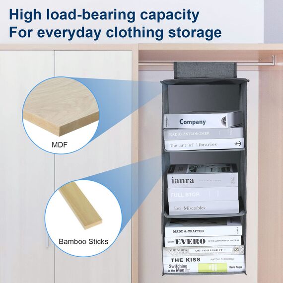 AiQInu Hängeregal Kleiderschrank,Hängeaufbewahrung Schrank Organizer mit 5 Fächern,Faltbar Platzsparend Stabiler Hängeorganizer mit Bambus-Stock Verstärkt Aufbewahrungssystem für Kleiderschränke