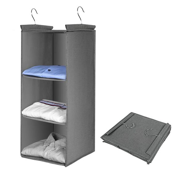 AiQInu Hängeregal Kleiderschrank,Hängeaufbewahrung Schrank Organizer mit 3 Fächern,Faltbar Platzsparend Hängeorganizer Aufbewahrungssystem mit Metallhaken und Bambus-Stock Verstärkt