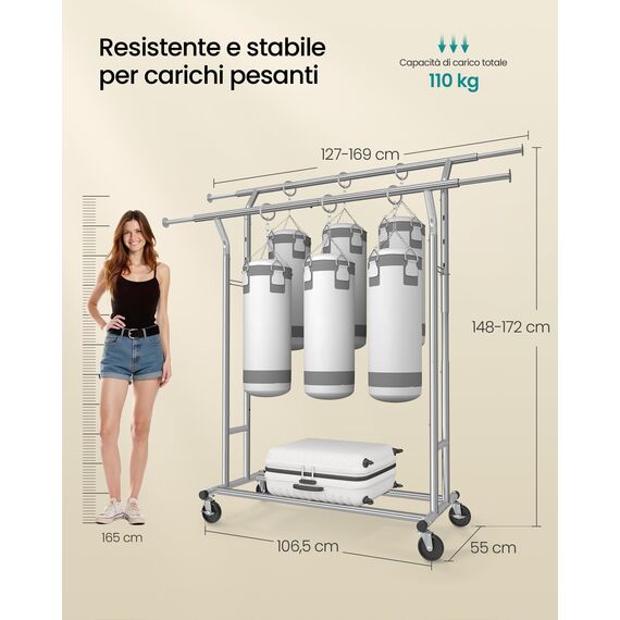 SONGMICS Schwerlast Kleiderständer aus Metall, bis 110 kg belastbar, Garderobenständer auf Rädern, Länge 129-169 cm, Verchromt HSR12S