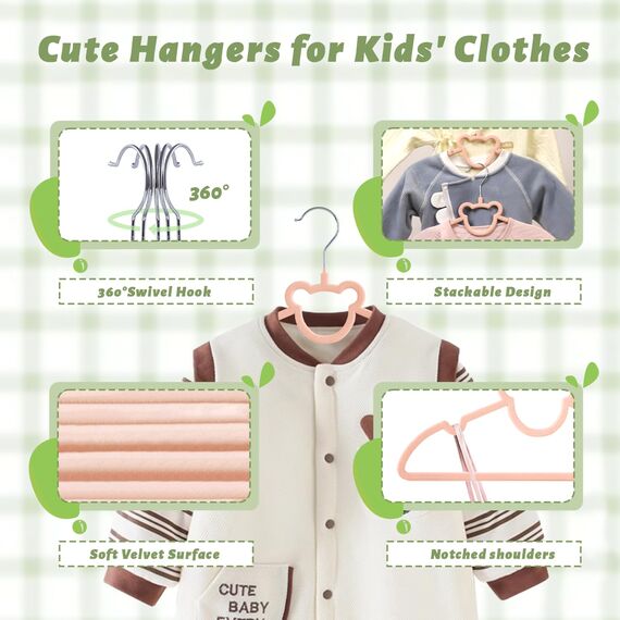 ManGotree 32,5 cm Kinder-Samtbügel, rutschfeste Filz-Babykleiderbügel, Niedliche Bärenbügel für das Kinderzimmer, Platzsparende Kleinkindbügel für den Kinderkleiderschrank (20 Stück, Rosa)