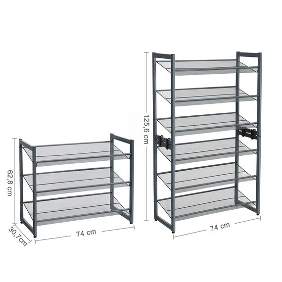 SONGMICS 3 Ebenen Metall-Schuhregal, Meshregal, verstellbare Ablage flach oder abgewinkelt Regalböden, stapelbares Lagerregal für Flur, 74 x 62,8 x 30,7 cm (B x H x T) dunkelgrau, LMR03GB