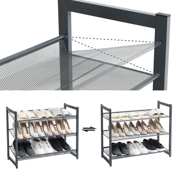 SONGMICS 3 Ebenen Metall-Schuhregal, Meshregal, verstellbare Ablage flach oder abgewinkelt Regalböden, stapelbares Lagerregal für Flur, 74 x 62,8 x 30,7 cm (B x H x T) dunkelgrau, LMR03GB