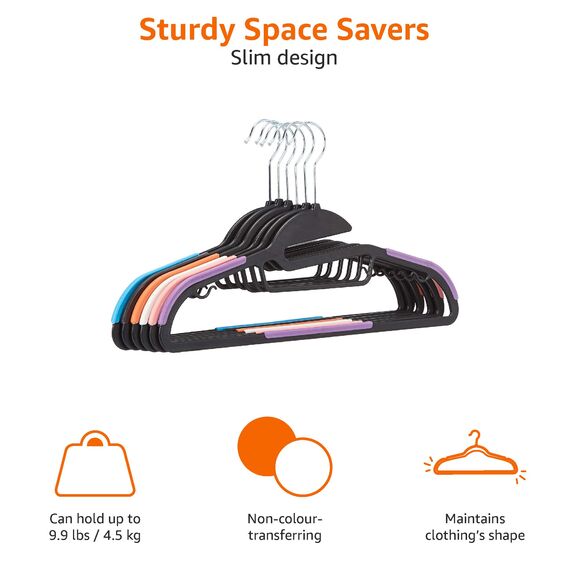 Amazon Basics Platzsparende, rutschfeste Kunststoffbügel mit 10 Clips, 60er-Pack, Mehrfarbig