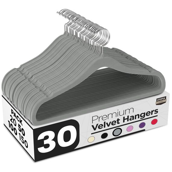 Utopia Home Premium Samt Kleiderbügel - rutschfeste & langlebige Kleiderbügel - 360 Grad drehbare Haken - Hochbelastbare Kleiderbügel - 30er Pack, Grau