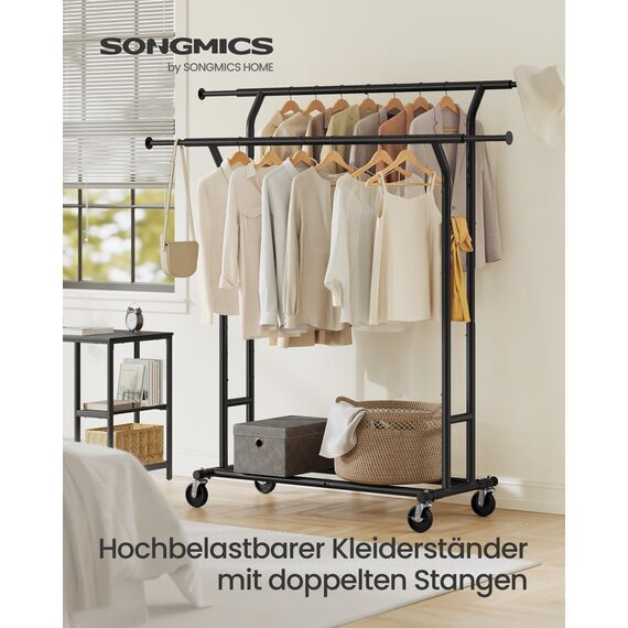 SONGMICS Kleiderständer auf Rollen, Garderobenständer aus Metall, Garderobenstange, Kleiderstange ausziehbar, höhenverstellbar, tintenschwarz HSR012B01