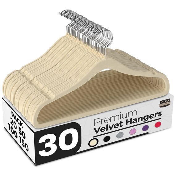 Utopia Home Premium Samt Kleiderbügel - rutschfeste & langlebige Kleiderbügel - 360 Grad drehbare Haken - Hochbelastbare Kleiderbügel - 30er Pack, Elfenbein