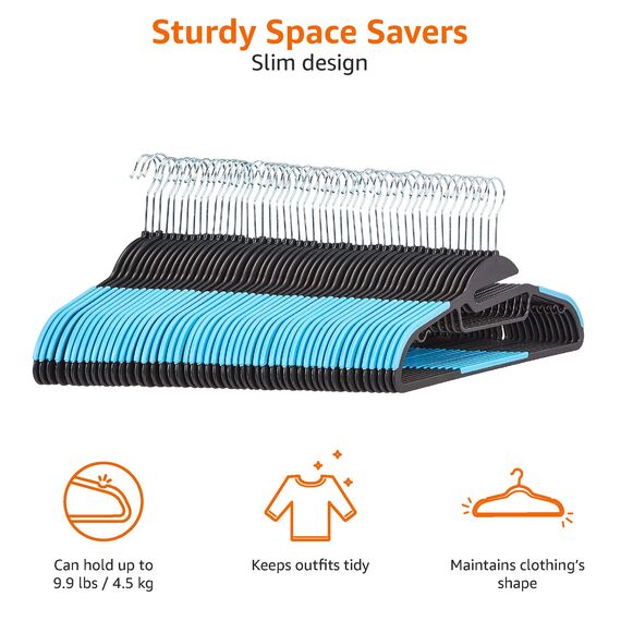 Amazon Basics Strapazierfähige Kunststoff-Kleiderbügel, mit rutschfestem Gummiüberzug und horizontalem Steg, Blau, 50er-Pack