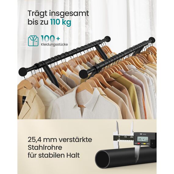 SONGMICS Kleiderständer auf Rollen, Garderobenständer aus Metall, Garderobenstange, Kleiderstange ausziehbar, höhenverstellbar, tintenschwarz HSR012B01