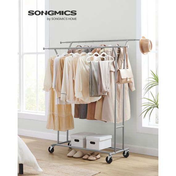 SONGMICS Kleiderständer auf Rollen, Garderobenständer aus Metall, Garderobenstange, Kleiderstange ausziehbar, höhenverstellbar, Taubengrau HSR012G01