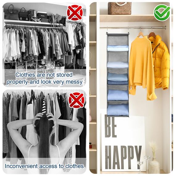 AiQInu Hängeregal Kleiderschrank,Hängeaufbewahrung Schrank Organizer mit 5 Fächern,Faltbar Platzsparend Hängeorganizer Aufbewahrungssystem mit Metallhaken und Bambus-Stock Verstärkt