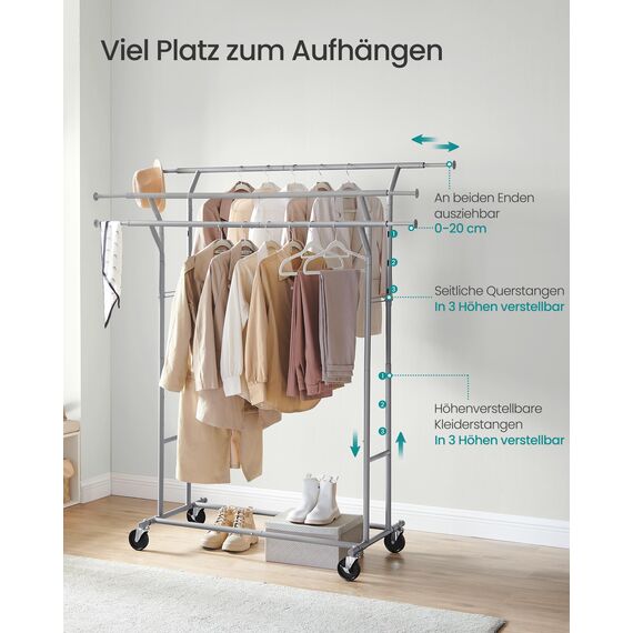 SONGMICS Kleiderständer auf Rollen, Garderobenständer aus Metall, Garderobenstange, Kleiderstange ausziehbar, höhenverstellbar, Taubengrau HSR012G01