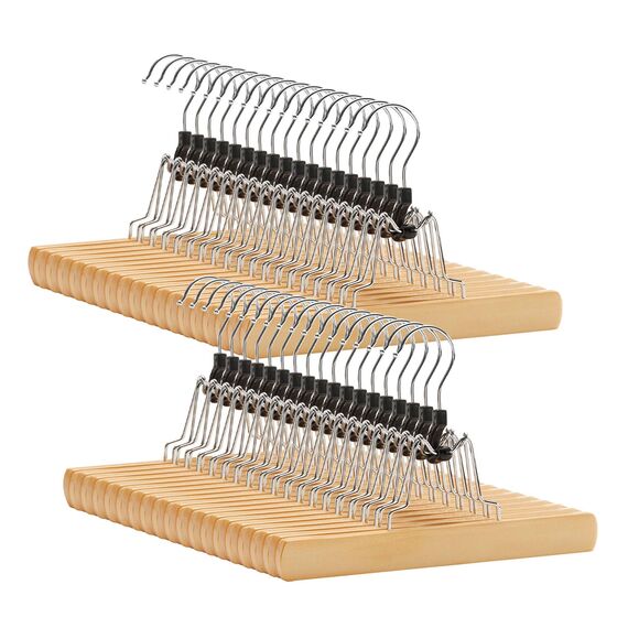 SONGMICS Hosenspanner, 36 Stück, Kleiderbügel aus Holz, Hosenbügel, rutschfest, verchromter Haken, um 360 Grad drehbar, Natur CRW007-36