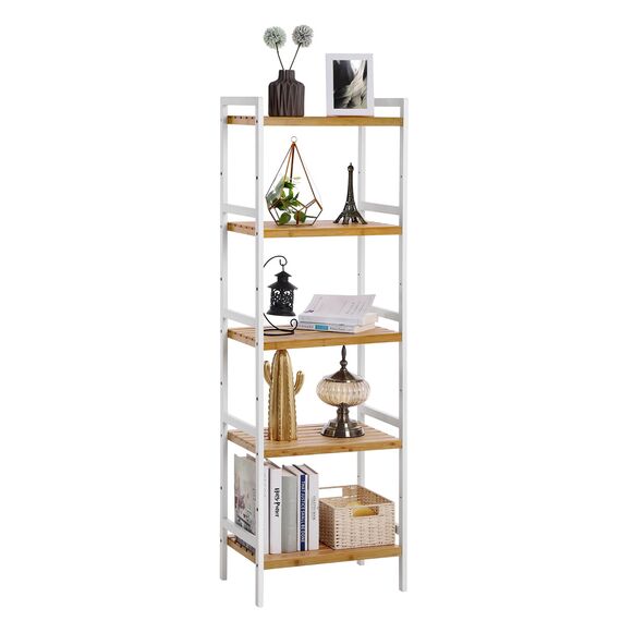 SONGMICS Bambus Regal, Küchenregal, Badregal, Bücherregal, Standregal mit 5 Ablagen, 31,5 x 45 x 142 cm, für Bad, Küche, Wohnzimmer, Schlafzimmer, Balkon, naturfarben-weiß BCB75WN