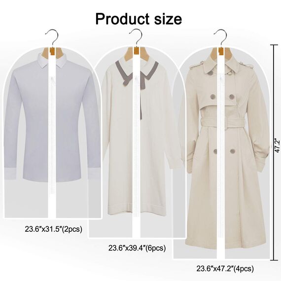 12 Stück Kleiderhüllen mit Reißverschluss, staubdicht, wasserdicht, wasserdicht, staubdicht, transparente Schutzhüllen für Hemden, Anzüge, Mäntel, Clothes, Covers Kleidertasche (weiß)