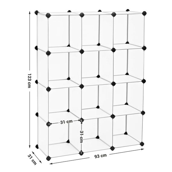 SONGMICS Schuhregal, Regalsystem, Steckregal, Set aus 12 Würfeln, DIY Regal, stapelbar, aus PP-Kunststoff, als Garderobe, für Schlafzimmer, Büro, 31 x 93 x 123 cm, weiß LPC34L