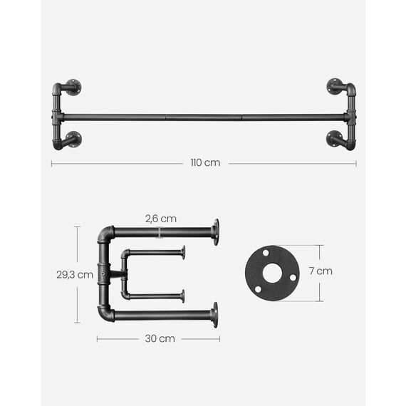 SONGMICS Kleiderständer für die Wand, Kleiderstange im Industrie-Design, 2er Set, Wandmontage, bis 60 kg belastbar, 30 x 112 x 29,3 cm, einfache Montage, schwarz HSR64BK-02