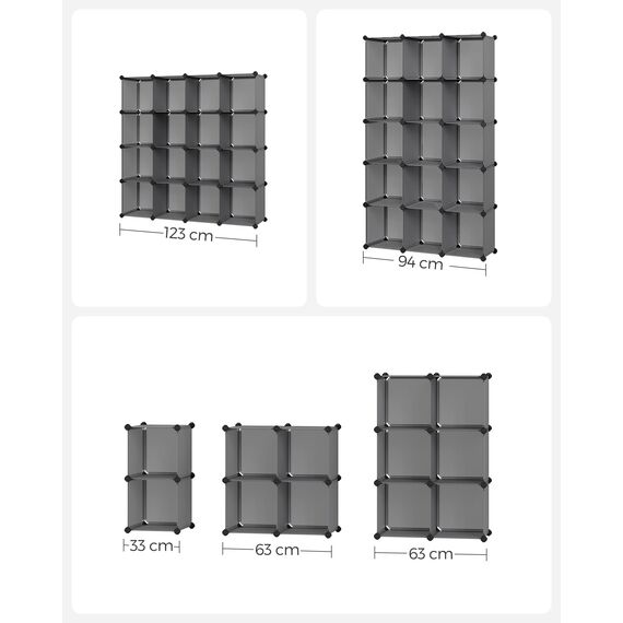 SONGMICS Schuhregal, Regalsystem, Steckregal, Set aus 16 Würfeln, DIY Regal, stapelbar, aus PP-Kunststoff, als Garderobe, für Schlafzimmer, Büro, 31 x 123 x 123 cm, grau LPC442G01