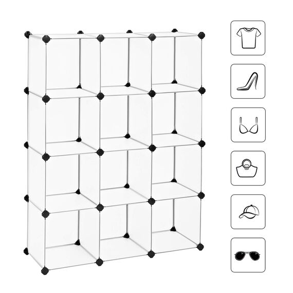 SONGMICS Schuhregal, Regalsystem, Steckregal, Set aus 12 Würfeln, DIY Regal, stapelbar, aus PP-Kunststoff, als Garderobe, für Schlafzimmer, Büro, 31 x 93 x 123 cm, weiß LPC34L