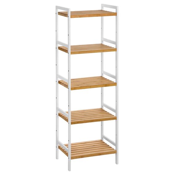 SONGMICS Bambus Regal, Küchenregal, Badregal, Bücherregal, Standregal mit 5 Ablagen, 31,5 x 45 x 142 cm, für Bad, Küche, Wohnzimmer, Schlafzimmer, Balkon, naturfarben-weiß BCB75WN