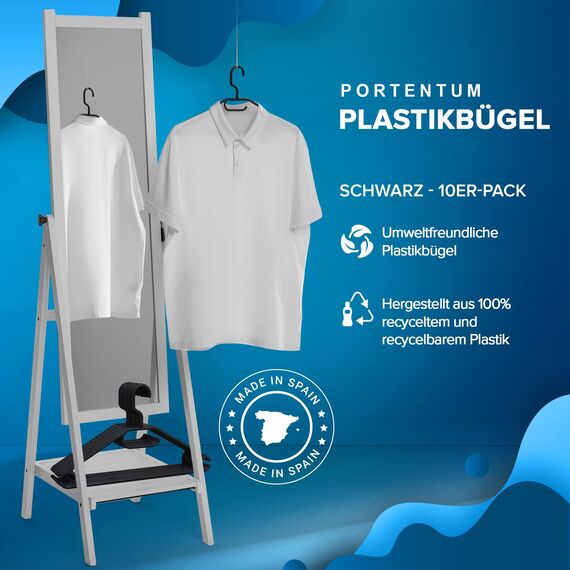 PORTENTUM Kleiderbügel aus 100% Recyceltem Kunststoff, 10 Stück, Schwarz - 360º Drehbarer Haken, Platzsparend, Zubehörhalter und Haken für Kleider