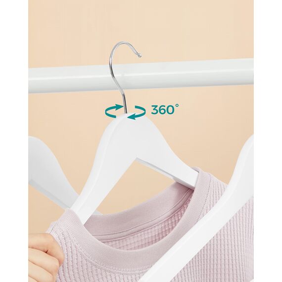 SONGMICS Kleiderbügel Holz, 30er Set, Bügel aus Massivholz, Einkerbungen im Schulterbereich, Rutschfester Hosensteg, um 360° drehbarer Haken, für Anzüge, Hemden, weiß-silbern CRW031WT