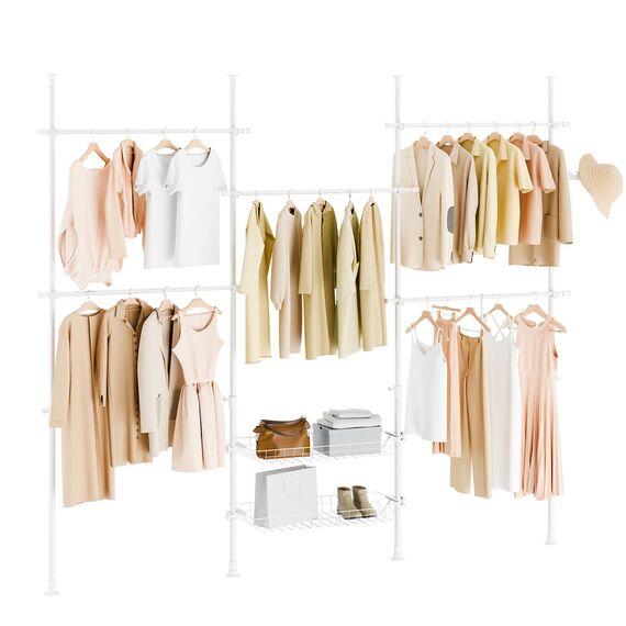 SoBuy Teleskop Kleiderständer, robuster Kleiderstange, verstellbarer offener Kleiderschrank mit Ablagen für Schlafzimmer, Garderobenständer, Weiß KLS04-II-W