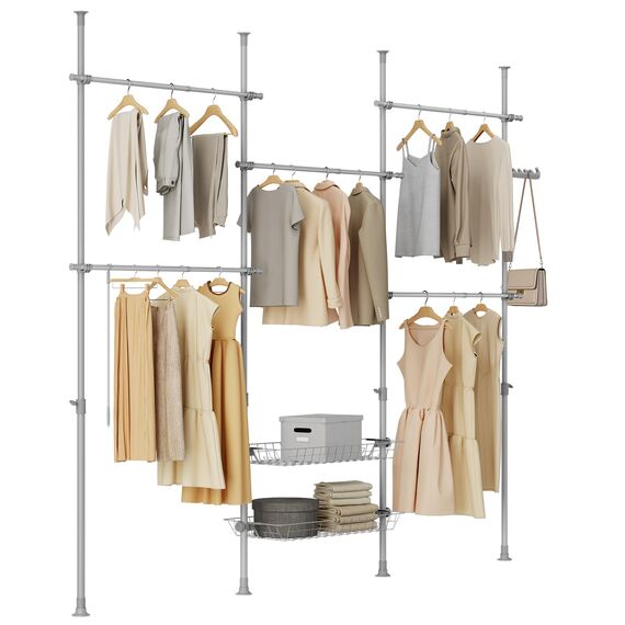 SoBuy Teleskop Kleiderständer, robuster Kleiderstange, verstellbarer offener Kleiderschrank mit Ablagen für Schlafzimmer, Garderobenständer, Hellgrau KLS04-II-HG