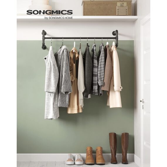 SONGMICS Wandgarderobe, Kleiderstange, Röhrenimitat, Industriestil, 112 x 30 x 29,3 cm, 60 kg Traglast, einfache Montage, für kleine Räume, Schwarz HSR64BK